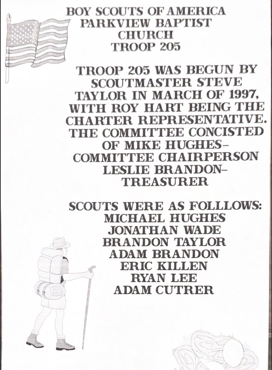 The typed 1997 founding page of Troop 205, Parkview Baptist Church